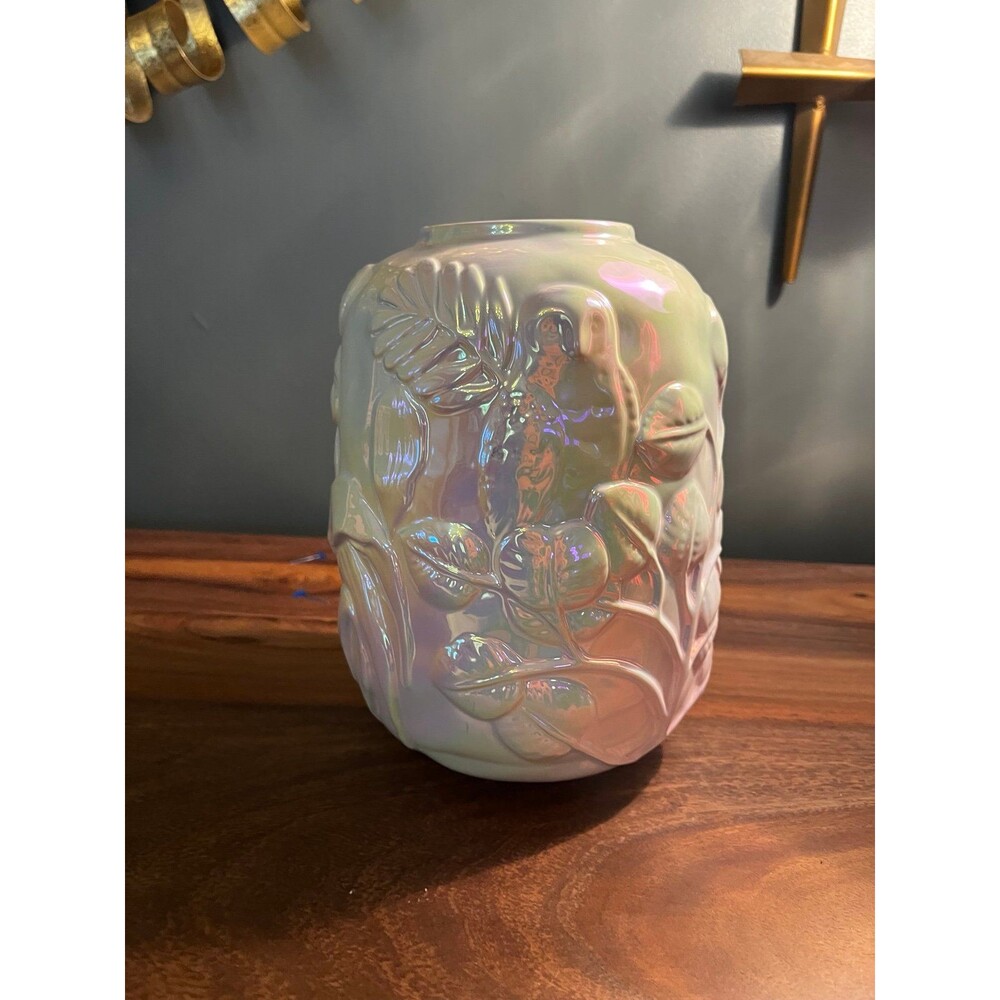 Vintage anthropologie Aurora Borealis White Ceramic Owl Vase Raised Relief - Picture 5 of 8